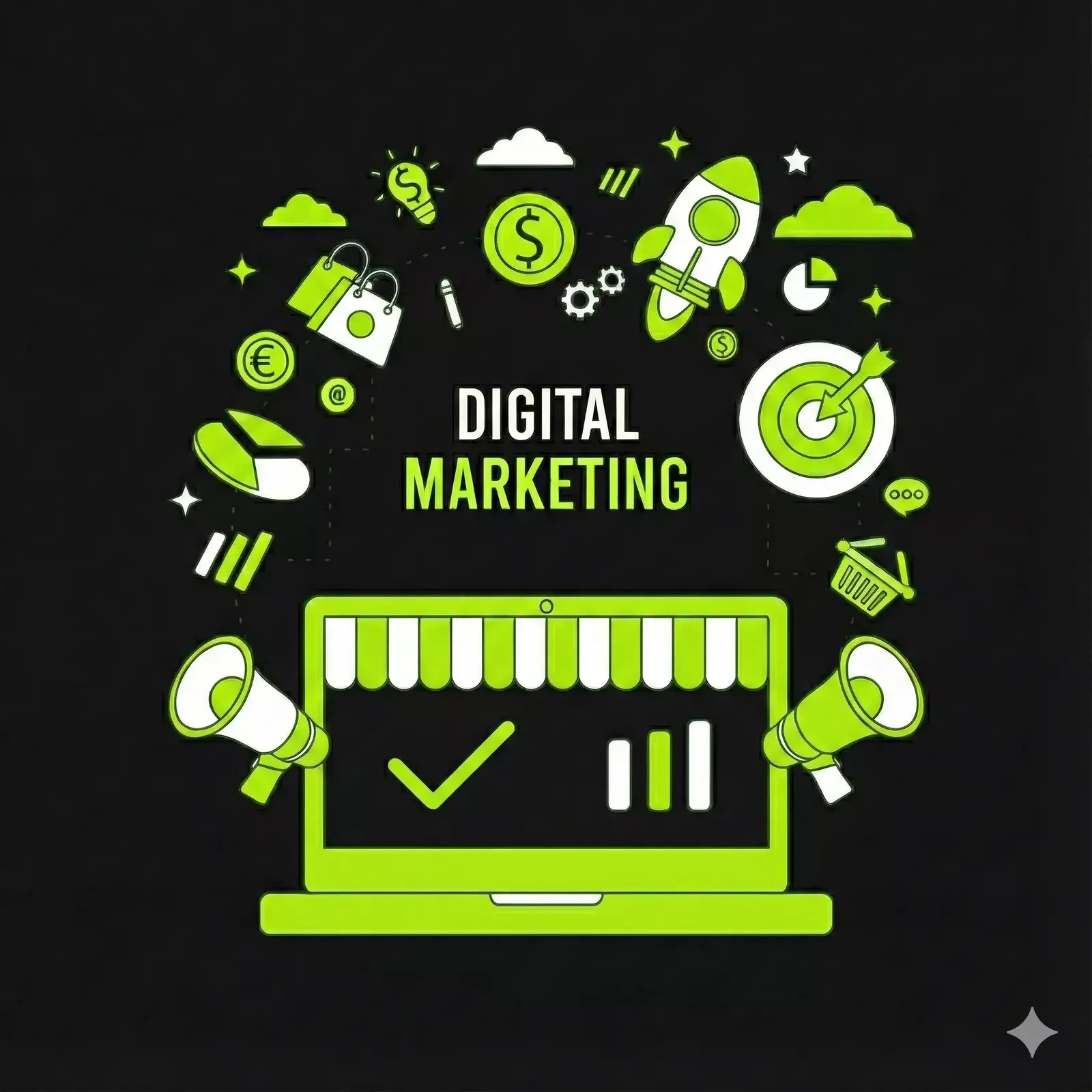 Image in the hero section depicting digitally about Digital Marketing in a animated and infographic way.